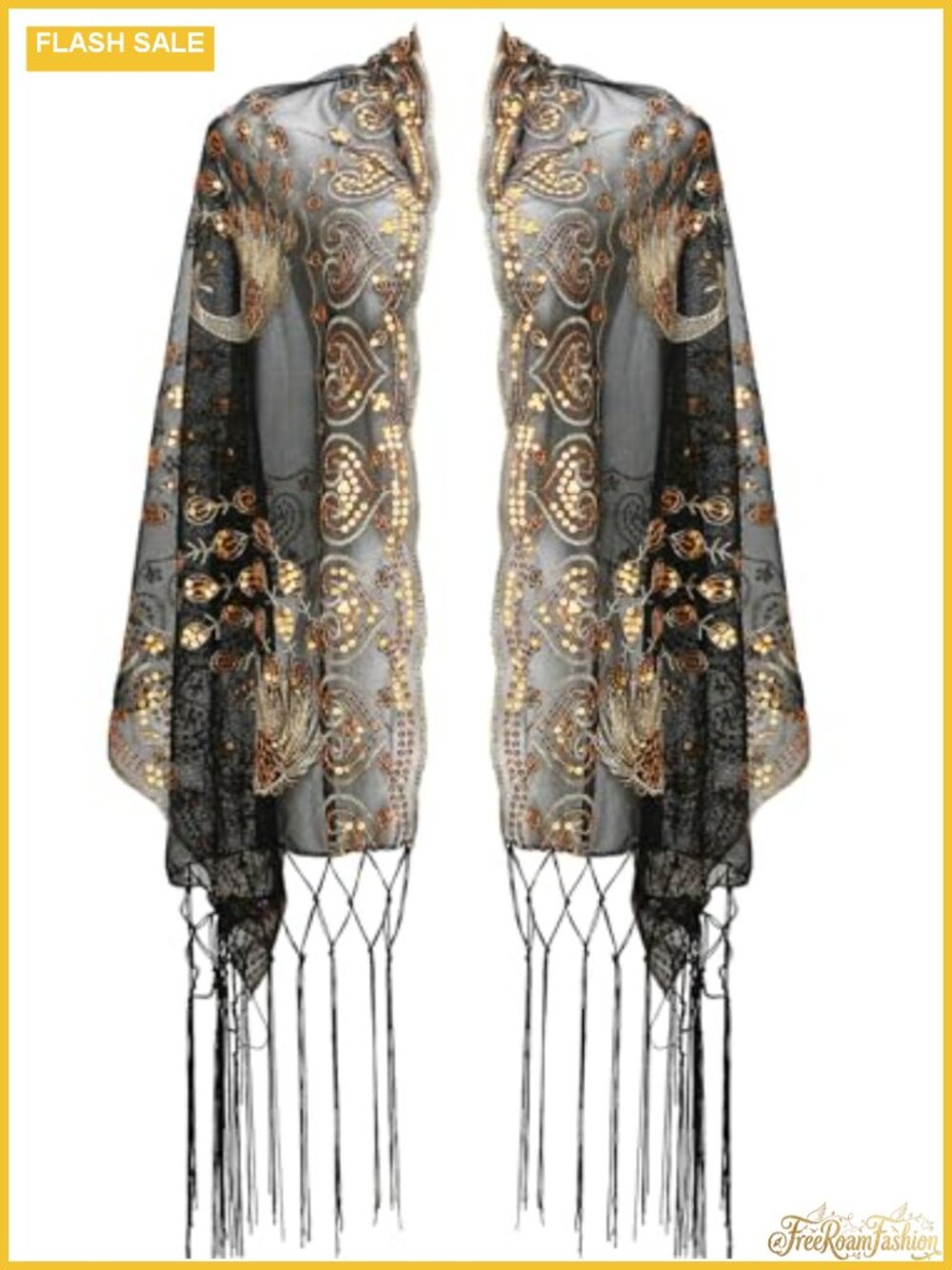 1920s Shawl Wrap Gold Glittering Peacock Sequin Tassel Womens